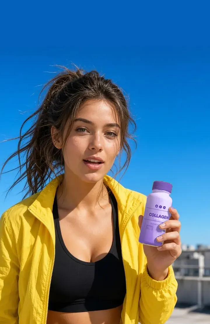 A creator in a yellow jacket outdoors against a clear blue sky, holding a purple drink bottle