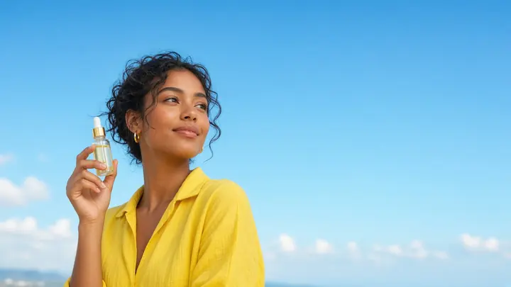 Campaign creator in a yellow outfit presenting a serum against a bright cyan sky