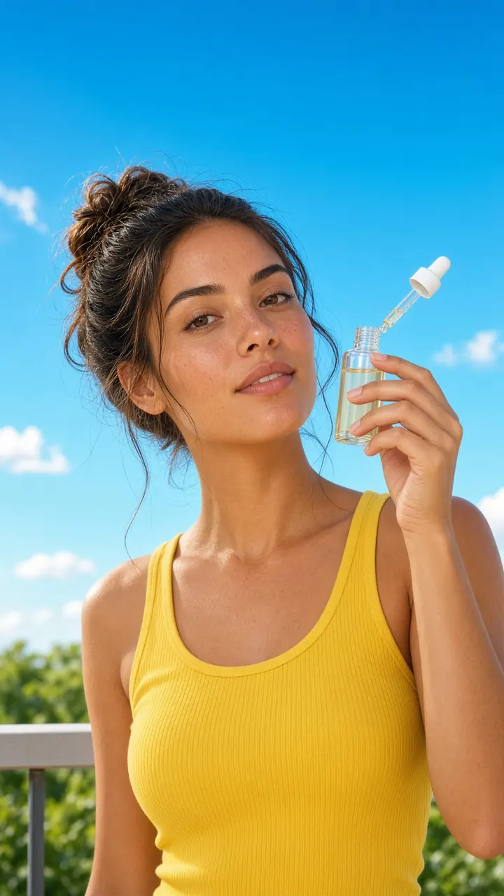 Creator applying serum from a dropper bottle on a sunlit balcony