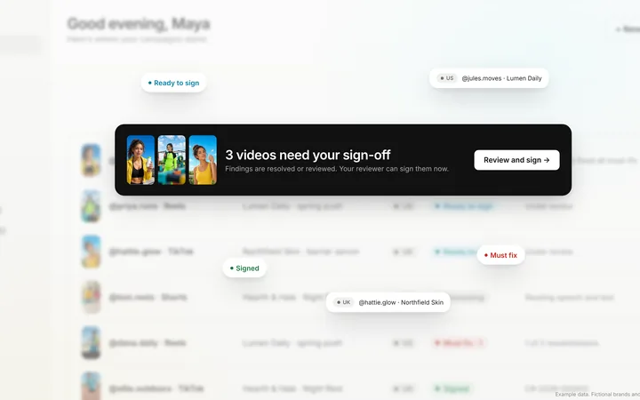 The Selado dashboard listing videos by status across campaigns. Brands and creators shown are fictional.