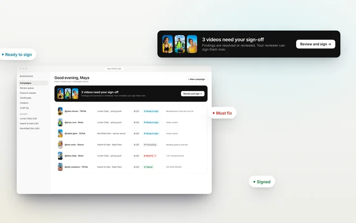 The Selado dashboard listing videos by status across campaigns. Brands and creators shown are fictional.