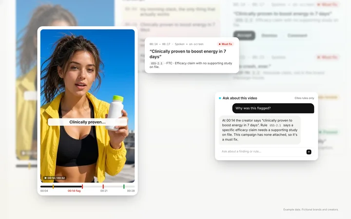 Selado findings on a creator video, with the quoted words, the rule and a suggested rewrite. Brands and creators shown are fictional.