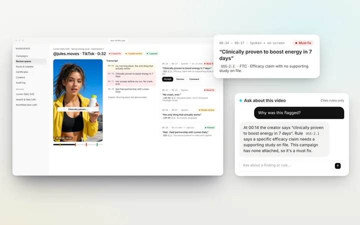 Selado findings on a creator video, with the quoted words, the rule and a suggested rewrite. Brands and creators shown are fictional.