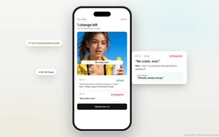 A creator's phone showing the one line to change and the resubmit button in Selado. Brands and creators shown are fictional.