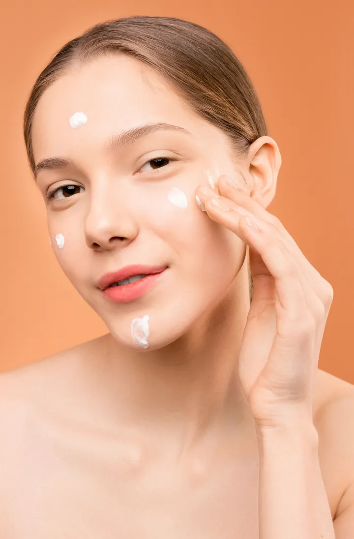 A woman applying face cream against an orange background